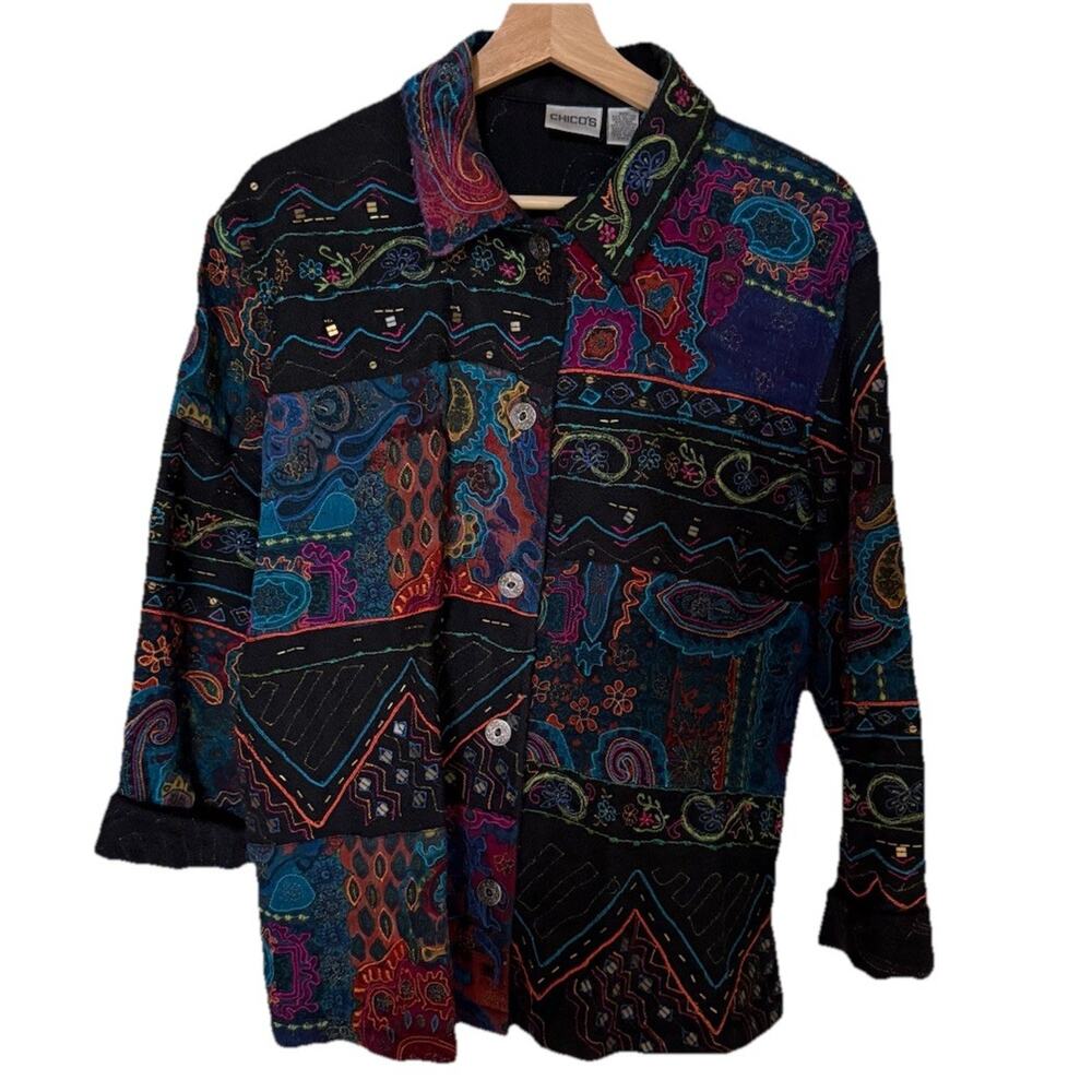 Chico's Embroidery Floral Paisley VTG Funky Hippie Cardigan Womens Size 2